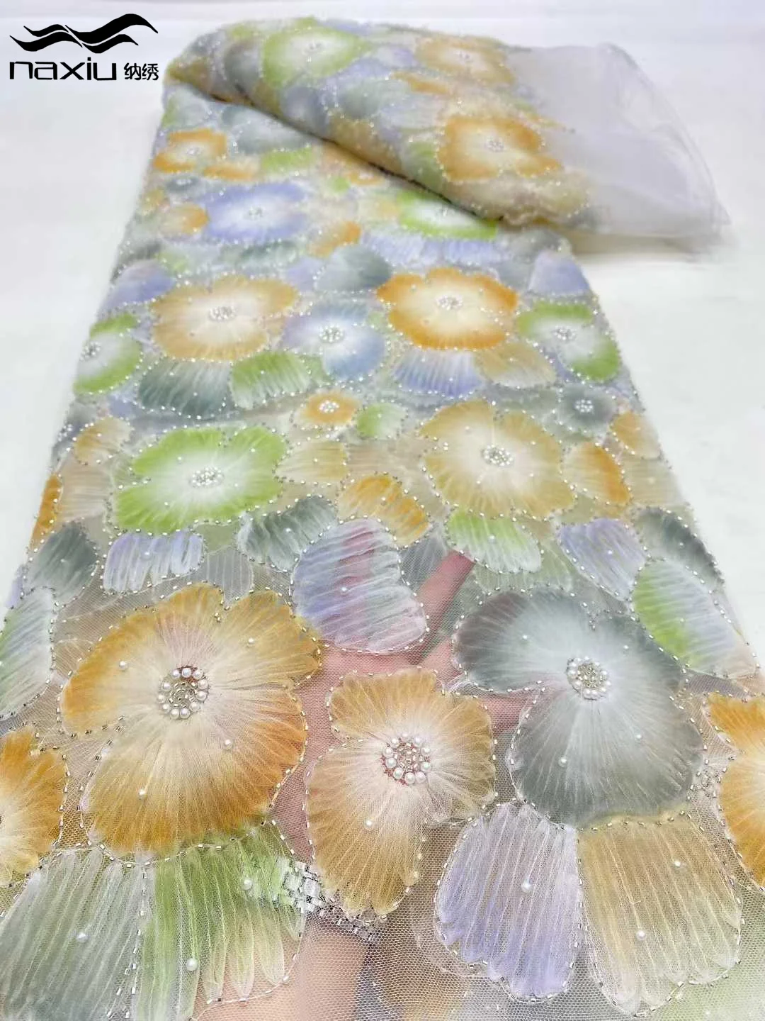 

Madison African Nigerian Sequin Lace Fabric Latest Luxury French Mesh 3D Flower Beaded Lace Fabric For Wedding Dress Sewing 5Y