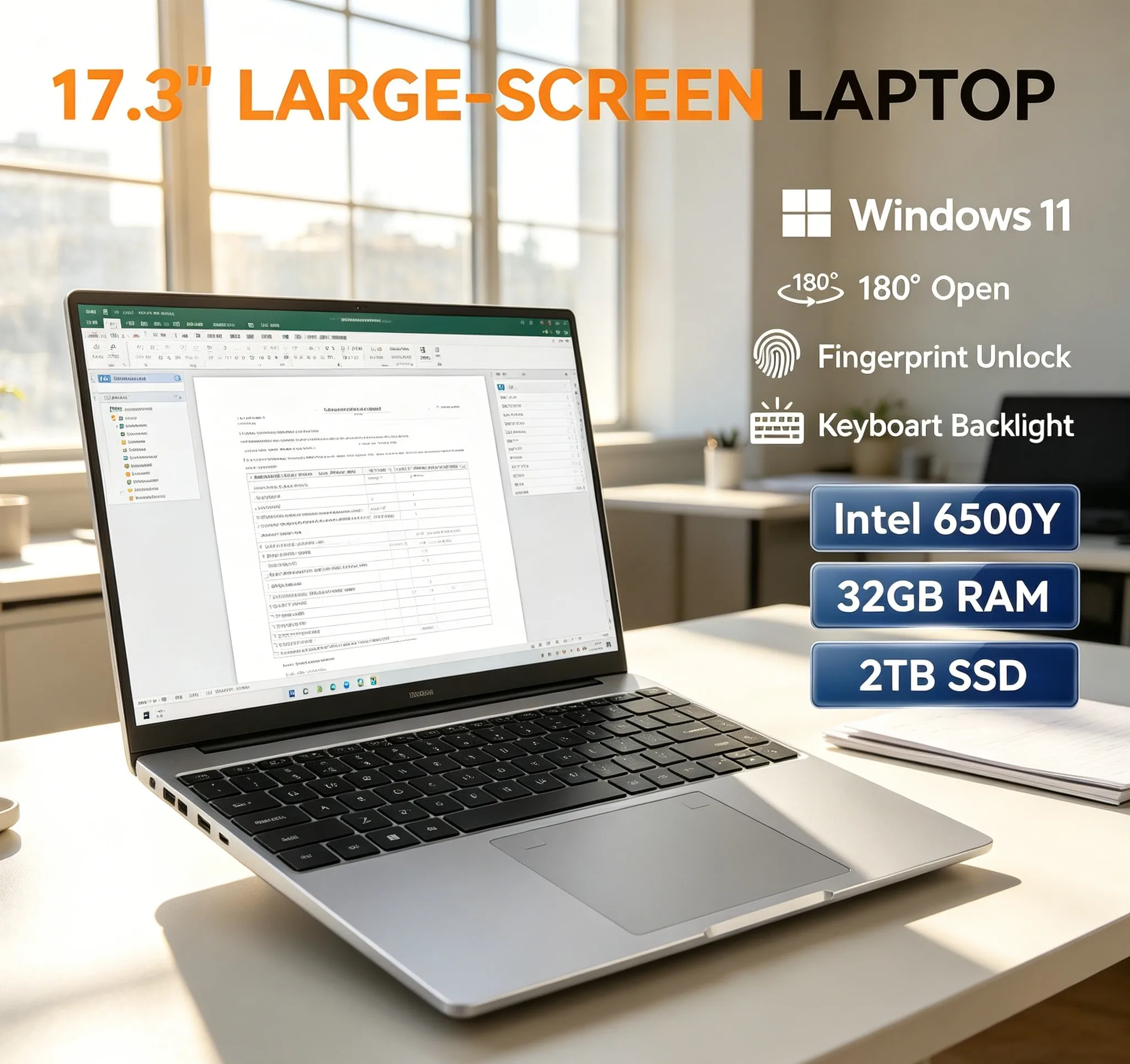 Prime 17.3 Inch Large Display Laptop Intel 6500Y 32GB 1TB/2TB Windows 11 Portable Home Working Notebook