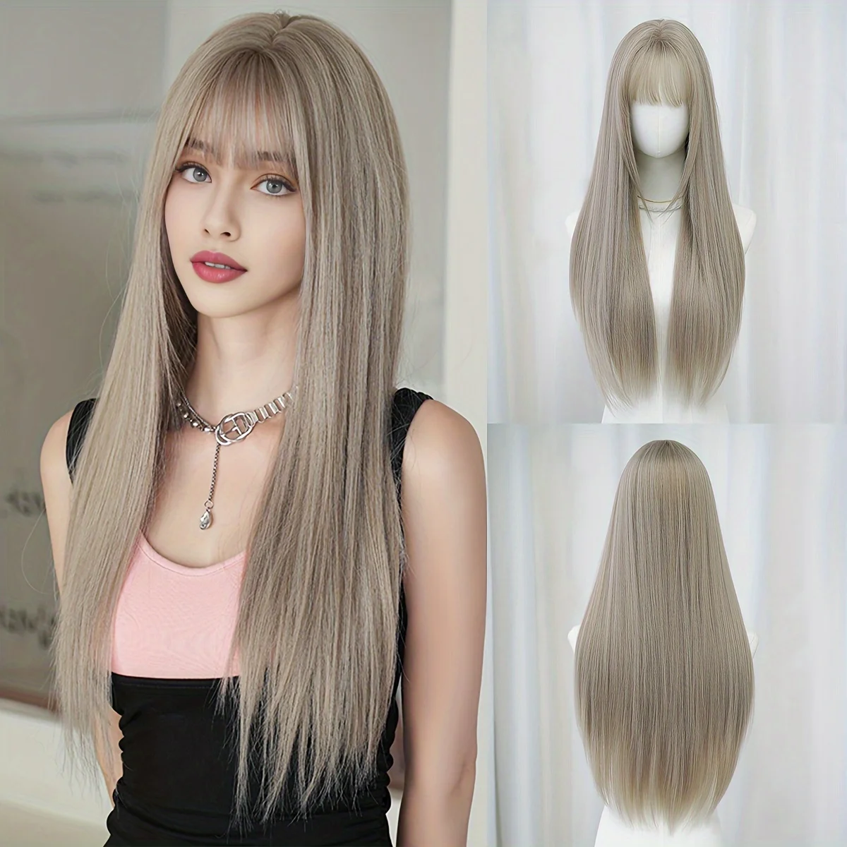 

Long Straight Gray-Brown Wig with Air Bangs, High Density, Heat-Resistant, High-Gloss Gray Synthetic Fiber Wig Suitable for Daily Use