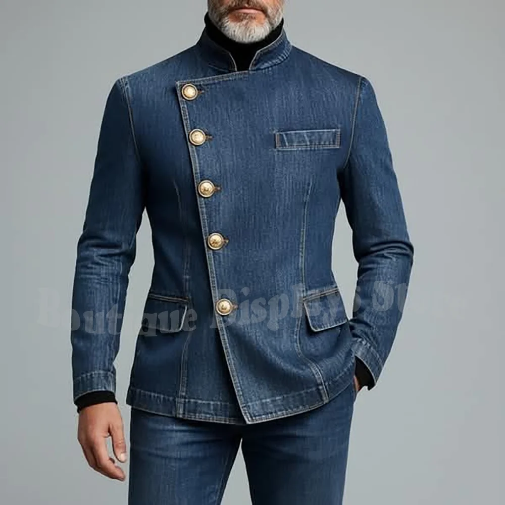 

High Quality Men's Suit Denim Outfit Unique Design Incline Breasted Casual Fashion Citywalk Party Daily Male Set Two Pieces