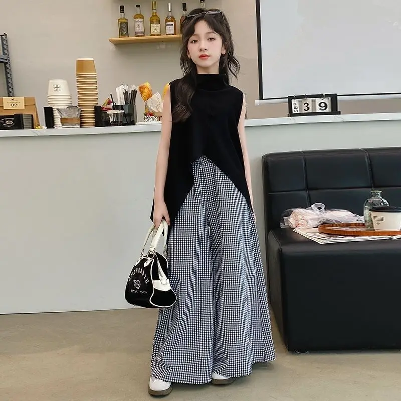 Girls' Pant Fashionable Children's Artistic Checkered Skirt and Pants Loose Summer High-end Feeling Children Wide Leg Pant