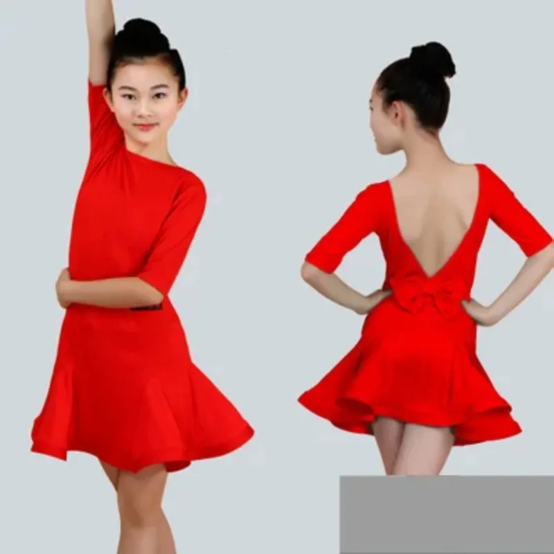 ละติน Ballroom Dress JUNIOR เต้นรำละตินสีแดง Flamenco Dance
