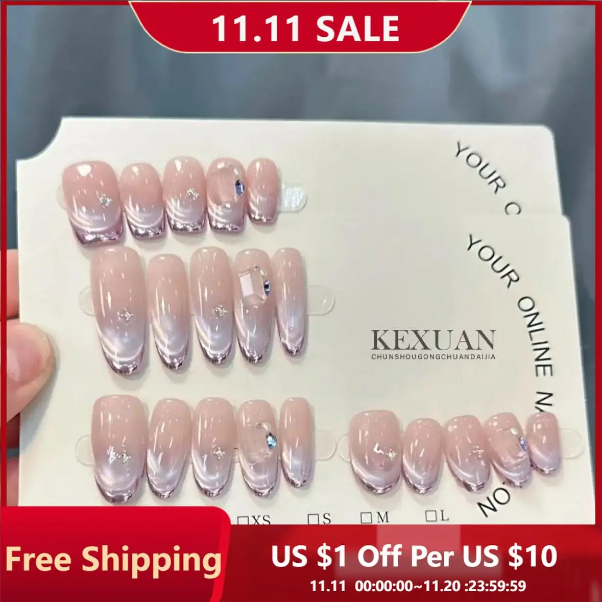 

10pcs Handmade Press on Nails Purple Gentle Glass Bead Cat's Eye French False Nail for Women&Girl Detachable Wearable Fake Nail