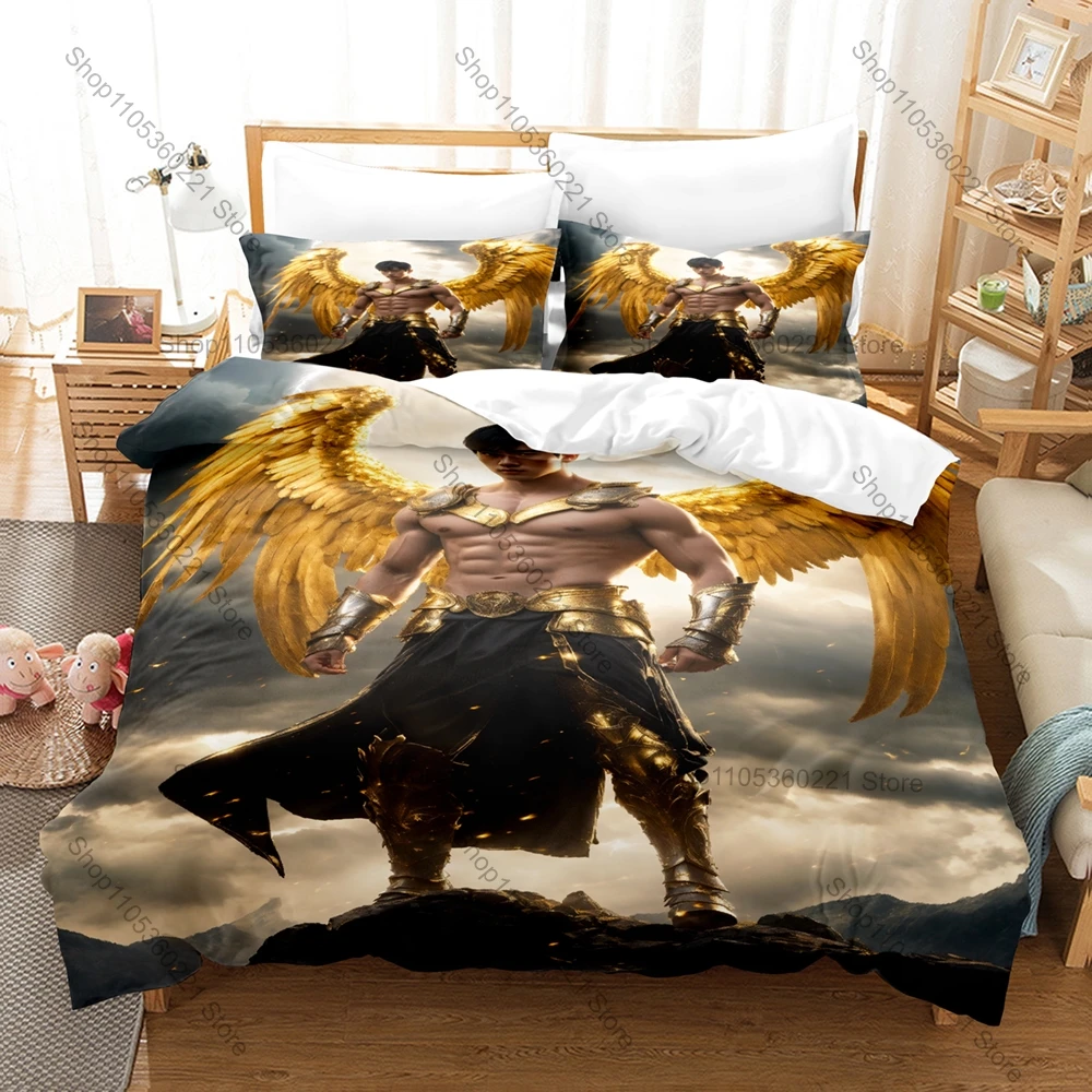 Cool Handsome Muscular Man Angel Bedding Set Duvet Cover + 2 Pillowcases Winged Male Angel Sculpture Classical Art Bedroom Decor
