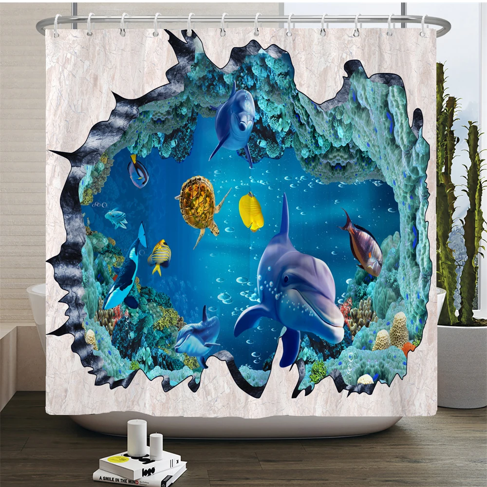 Ocean Underwater World 3D Fabric Shower Curtains Turtle Dolphin Print Bathroom Curtain Polyester Bath Screen Decor With Hooks