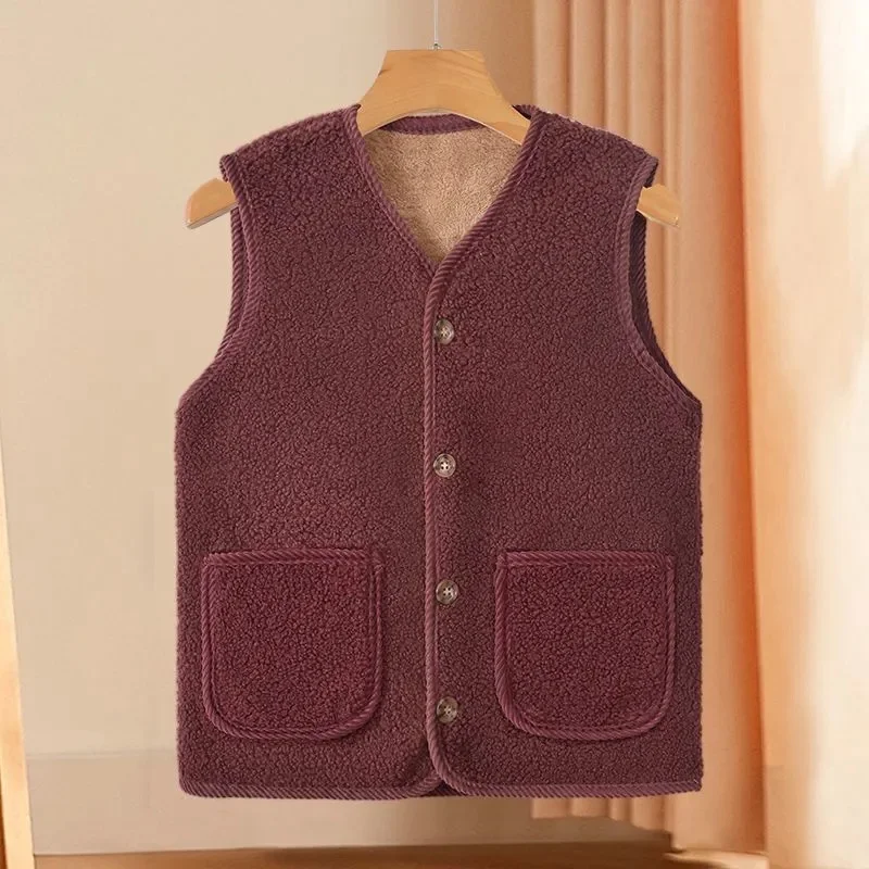 2025 Lamb Coat Vest Mother's Autumn Winter Fleece Thick Particles Middle-agedelderly People New Style External Wear to Keep Warm