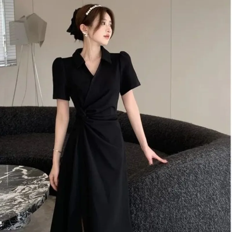 Spring Summer New Fashion Polo Neck Short Sleeved V-neck Casual Versatile Western Commuting Slimming Women's Clothing Dresses