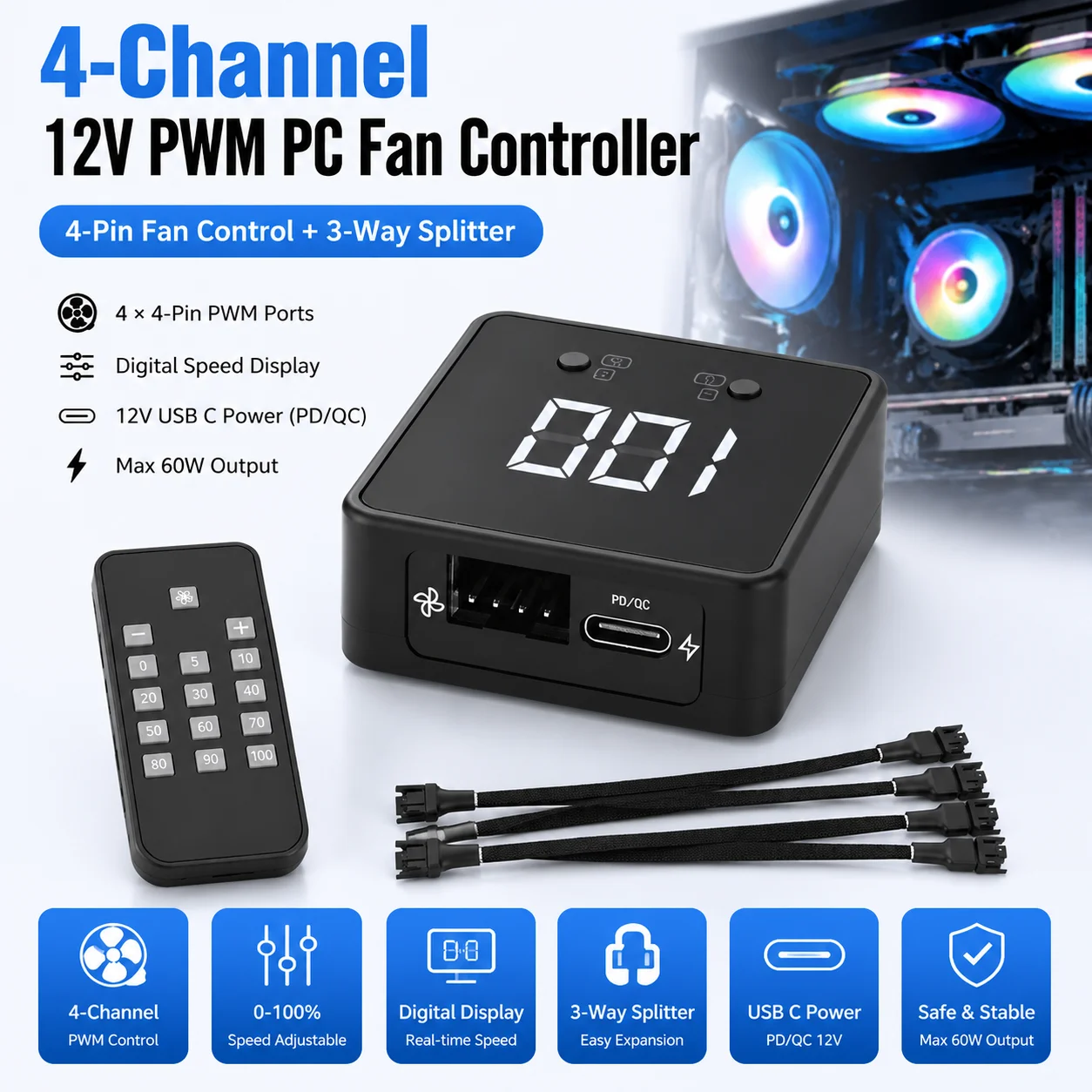 4Pin 12V PWM USB Fan Controller 3-Way Splitter for PC Cooling Fan Max 60W Type-C PD QC Powered Digital Speed Display