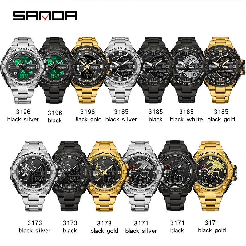 SANDA 2024 New Sport Military Men\'s Watches 50M Waterproof Dual Display Wristwatch Male Clock Stopwatch Relogio Masculino 3173