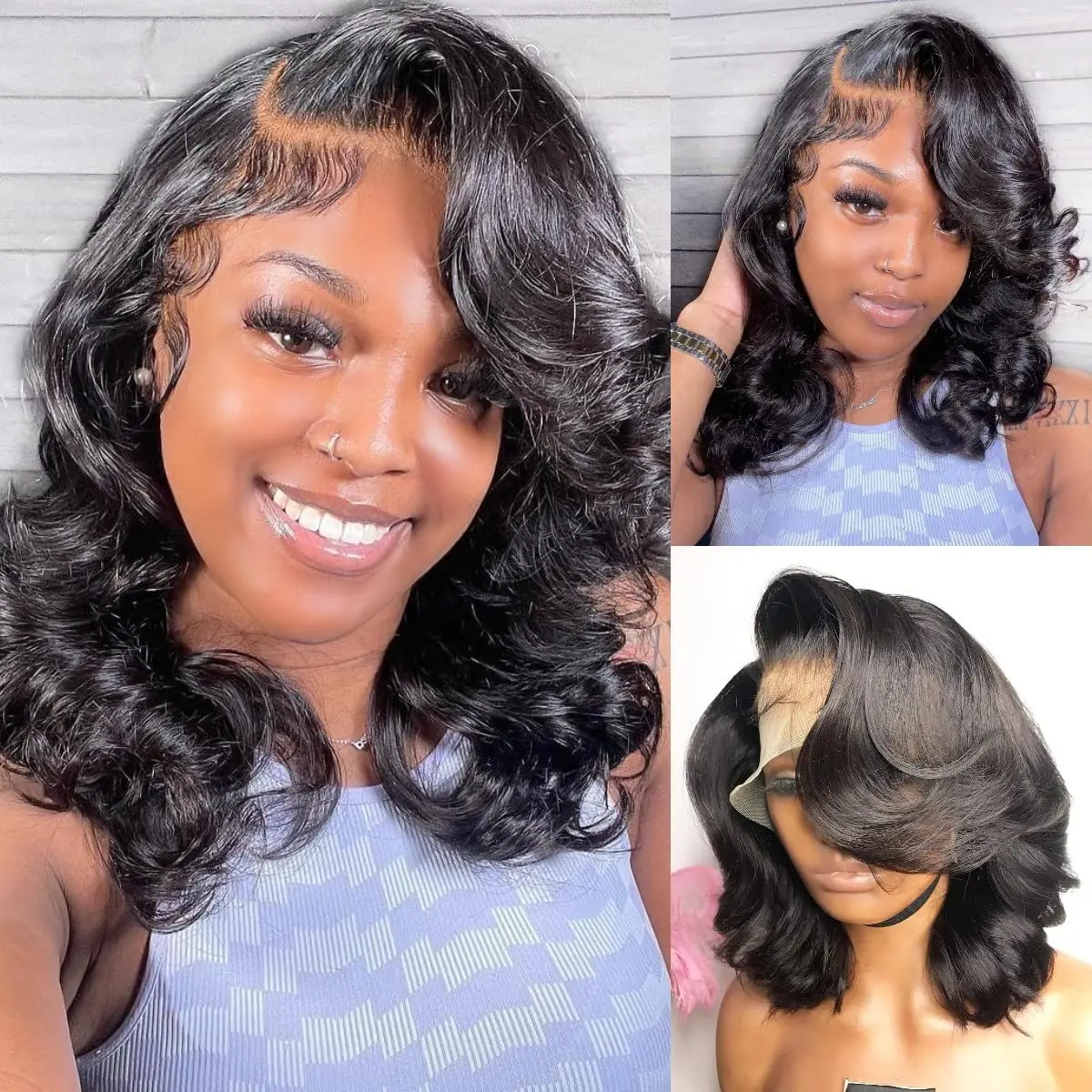 13x4 الجسم موجة الدانتيل الجبهة الباروكات شعر الإنسان قبل قطعها 180 الكثافة قصيرة بوب الباروكات الأمامية للنساء السود اللون الأسود الطبيعي 1B #1