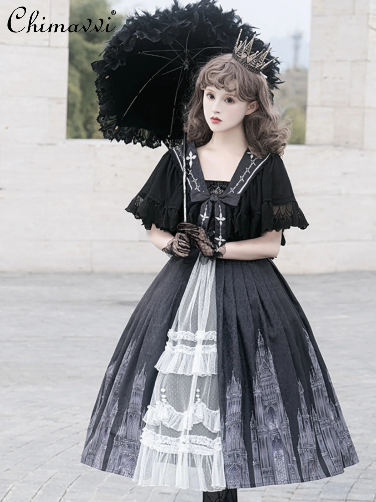 

Original Dark Gothic High-waist Mid-calf Jsk Dresses Women Shawl Cape Two-piece Set 2024 Summer Newgirl's Lolita Outfits