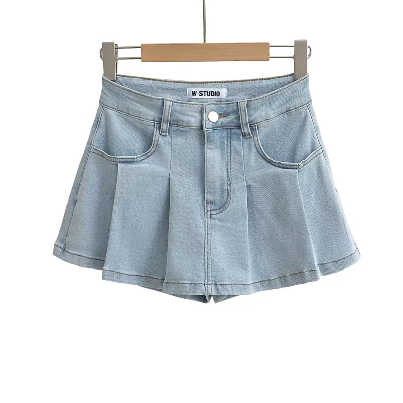 Summer new style preppy style pleated denim mini skirt retro for women clothing high waist slightly stretch denim skirt