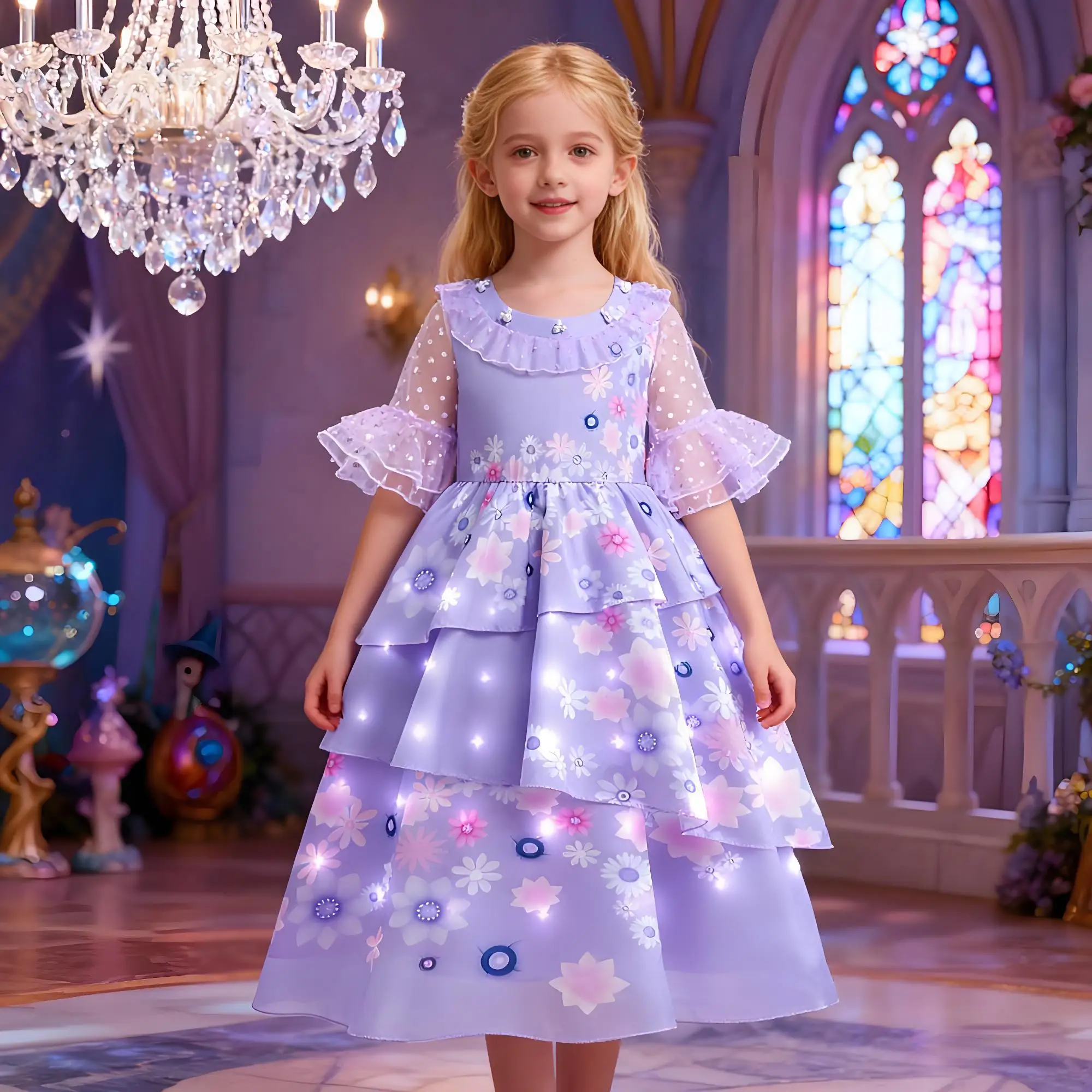 

Kids Isabella Princess Dress Purple Fancy Ruffles Birthday Party Dress Up Gown For Girls Carnival Cosplay Luminous Gown Costumes