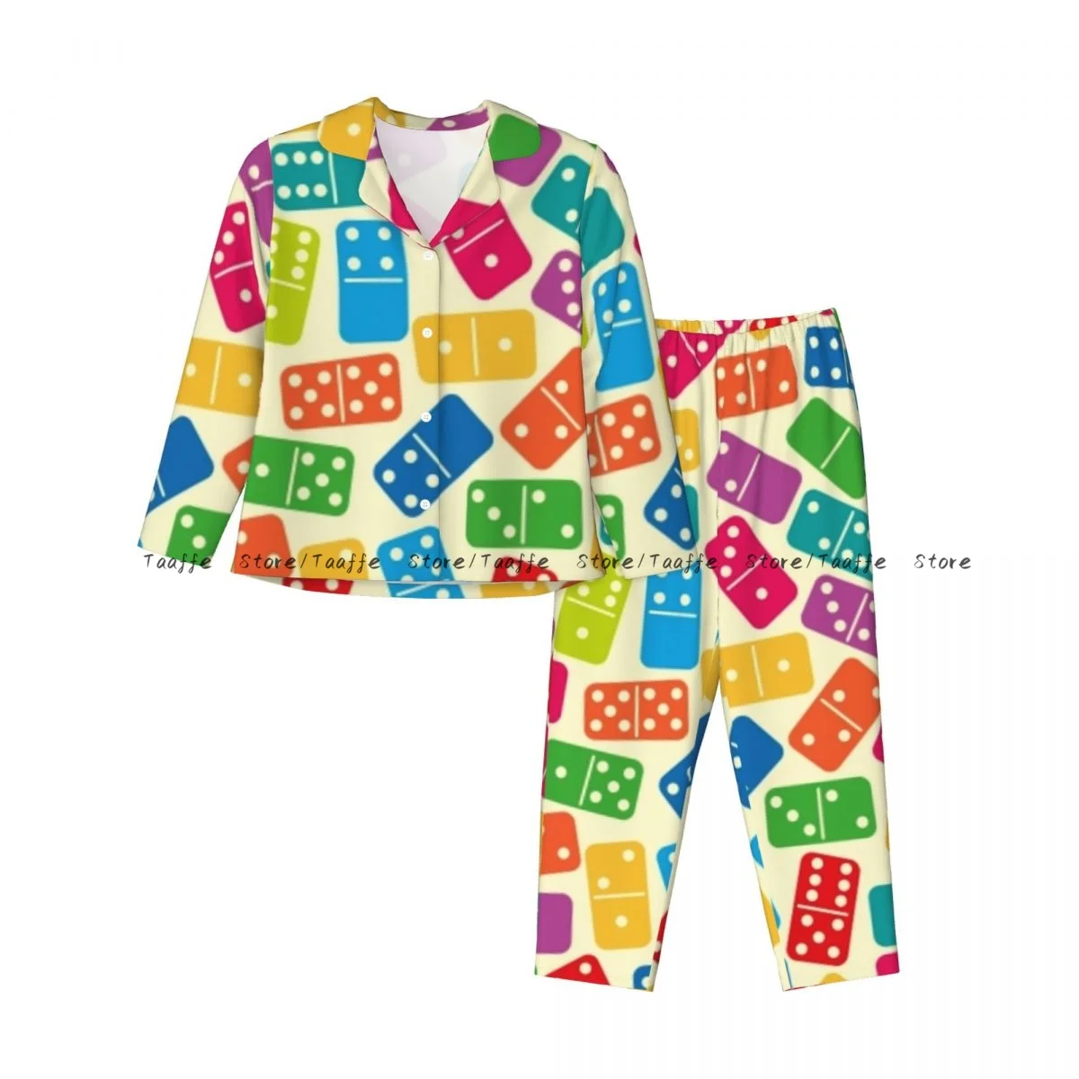 Women Sleepwear Pajamas Colorful Dominoes Illustration Long Sleeve Pijama Female Set Negligee Cardigan Suit