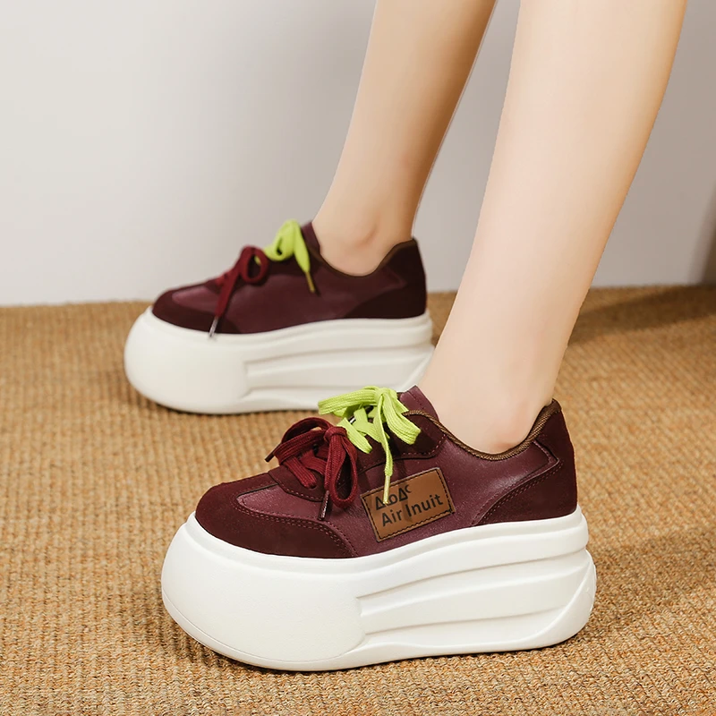 7 CM Women's Autumn Thick Bottom Shoes Breathable Microfiber Leather Vulcanize Flat Platform Sneakers White Walking Shoes