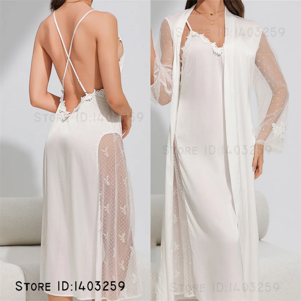

Elegant White Wedding Twinset Robe Set Nightgown Sexy Perspective Lace Backless Nightdress Rayon Women Sleepwear Long Home Dress