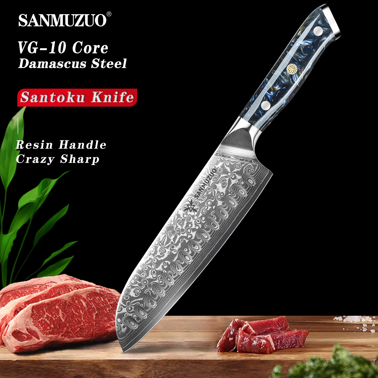 

SANMUZUO Santoku Knife - 7 inch - Xuan Series - VG10 Damascus Steel Kitchen Knife - Resin Handle