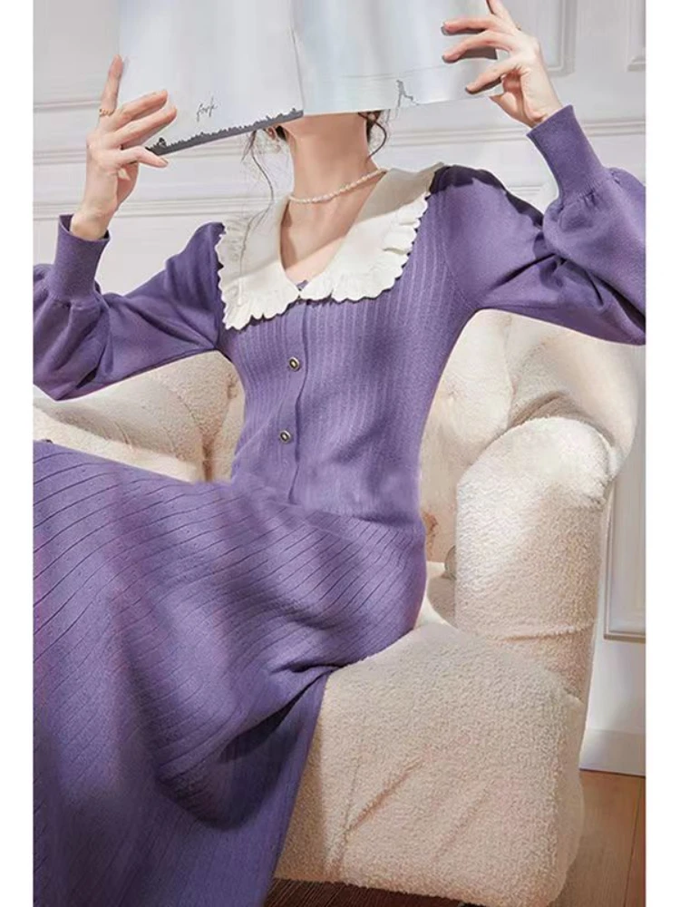 French Vintage Kint Sweater Dress for Women Winter Violet Contrasting Doll Neck Long Sleeve High Waist Spring Evening Dress Hot