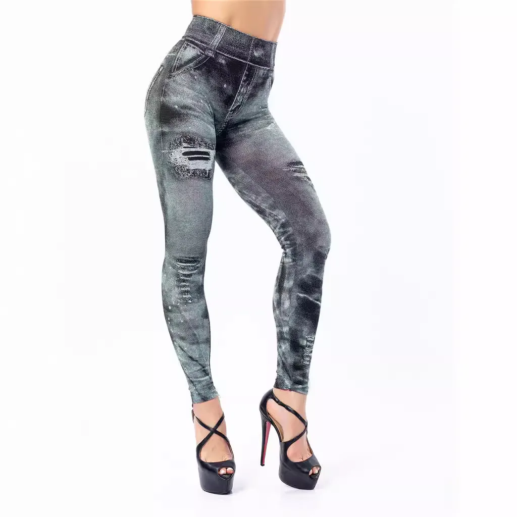 

Leggings For Women 8 Colors High Waisted Tight Height Cropped Jeans Slim-Fit Fashion Faux Denim Jacquard Female Pants