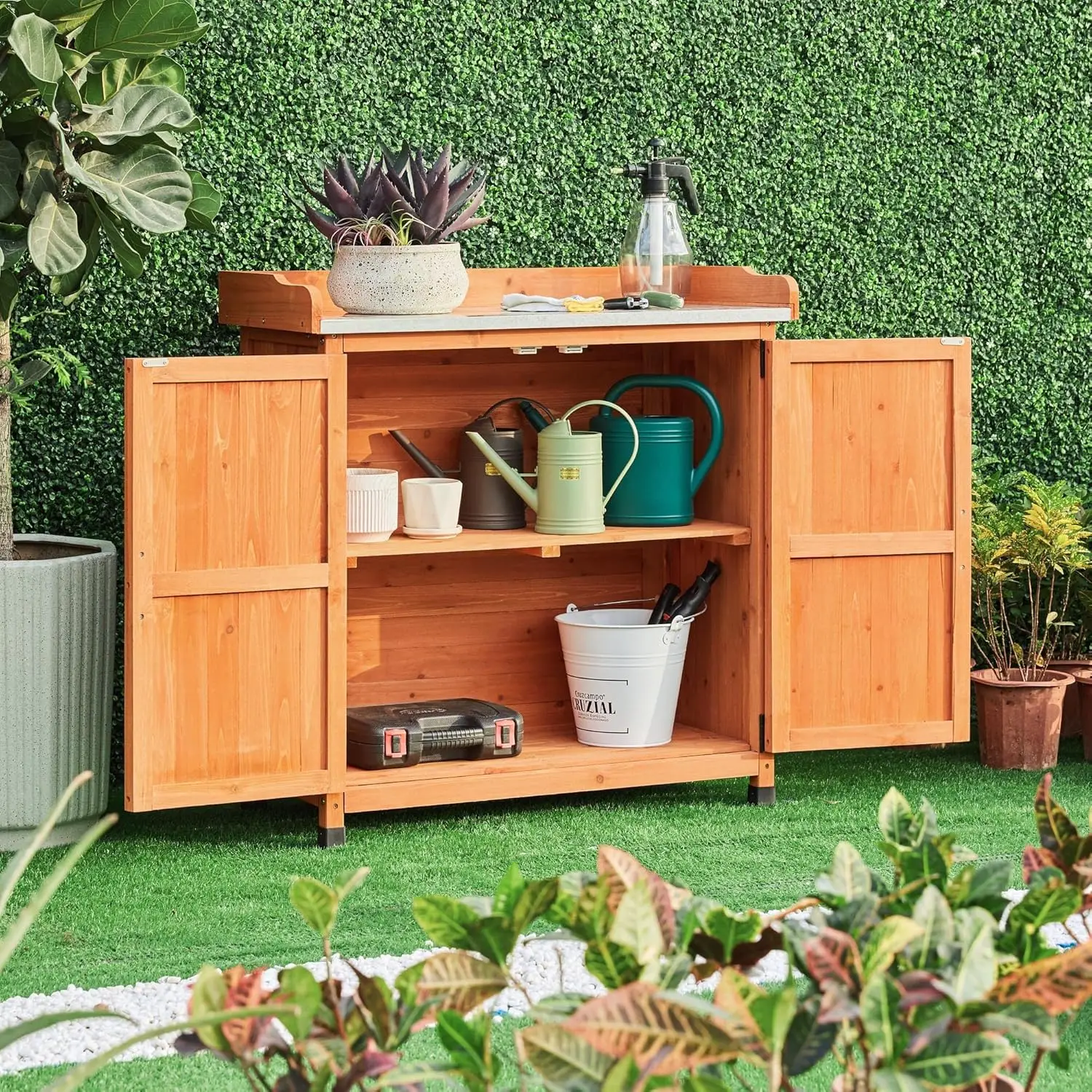 Mesa de Banco de macetas de jardín, gabinete de almacenamiento de madera para Patio al aire libre, banco de trabajo de plantación de madera maciza con gran espacio