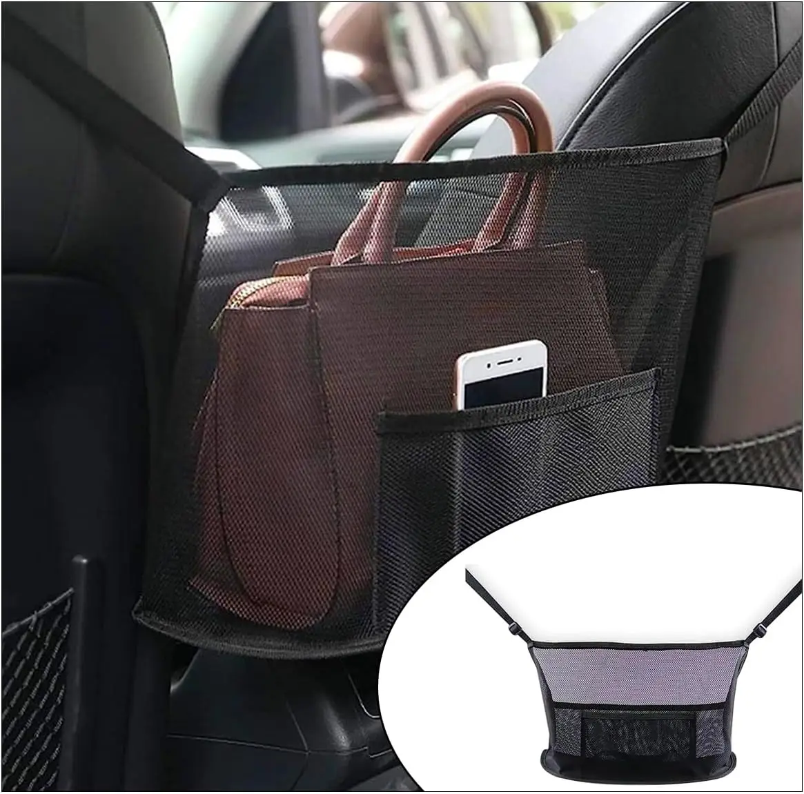 Handbag Holder for Car For Women and Men Auto Net Pocket Purse Holder Between Front Seats Car Storage Organizer