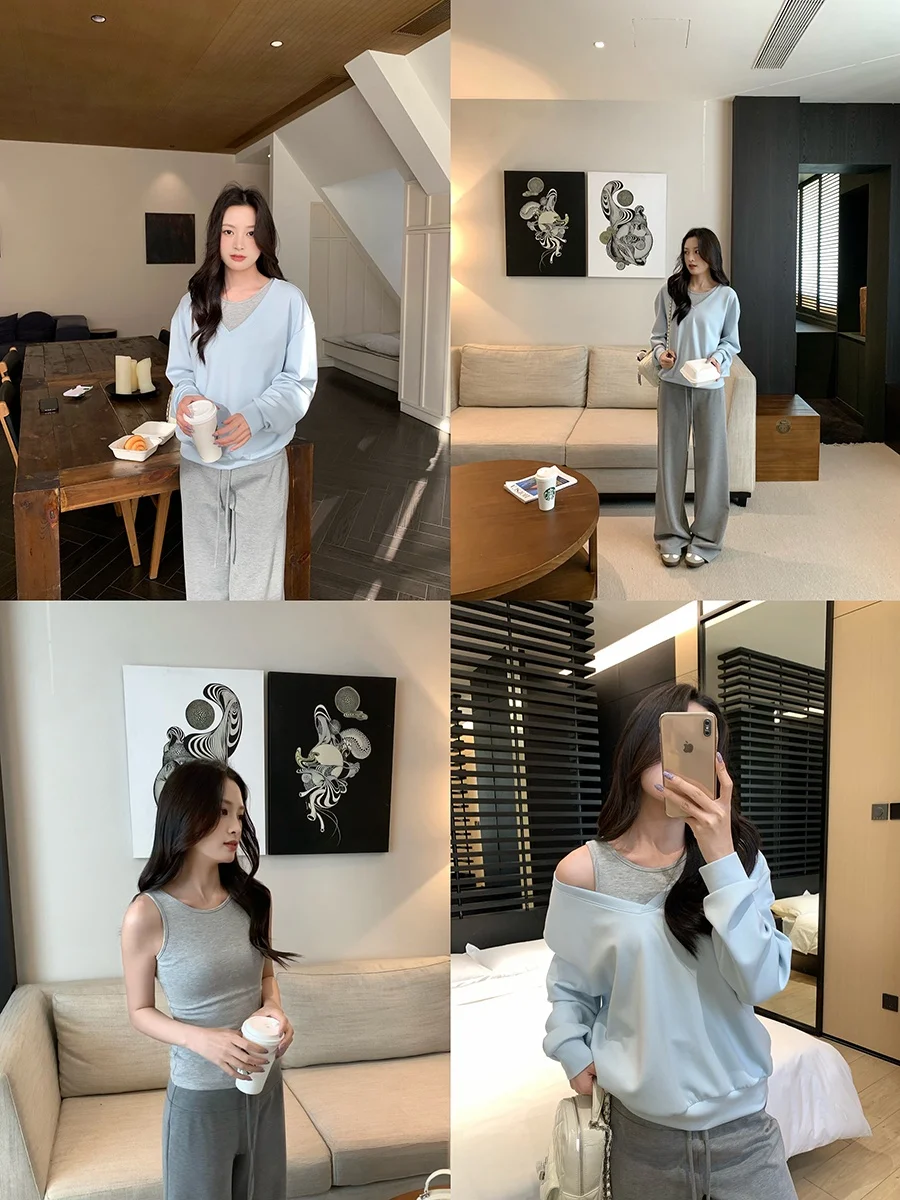 

Синий свитшот с V-образным вырезом и открытыми плечами, женский жилет, весенний комплект из двух предметов, повседневная одежда, приталенный крой, класс B