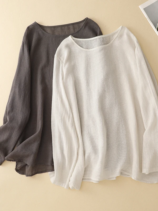 

Чистый цвет, простая тонкая дышащая льняная длинная све, круглая Ne, повседневная свободная женская футболка, осенний топ большого размера