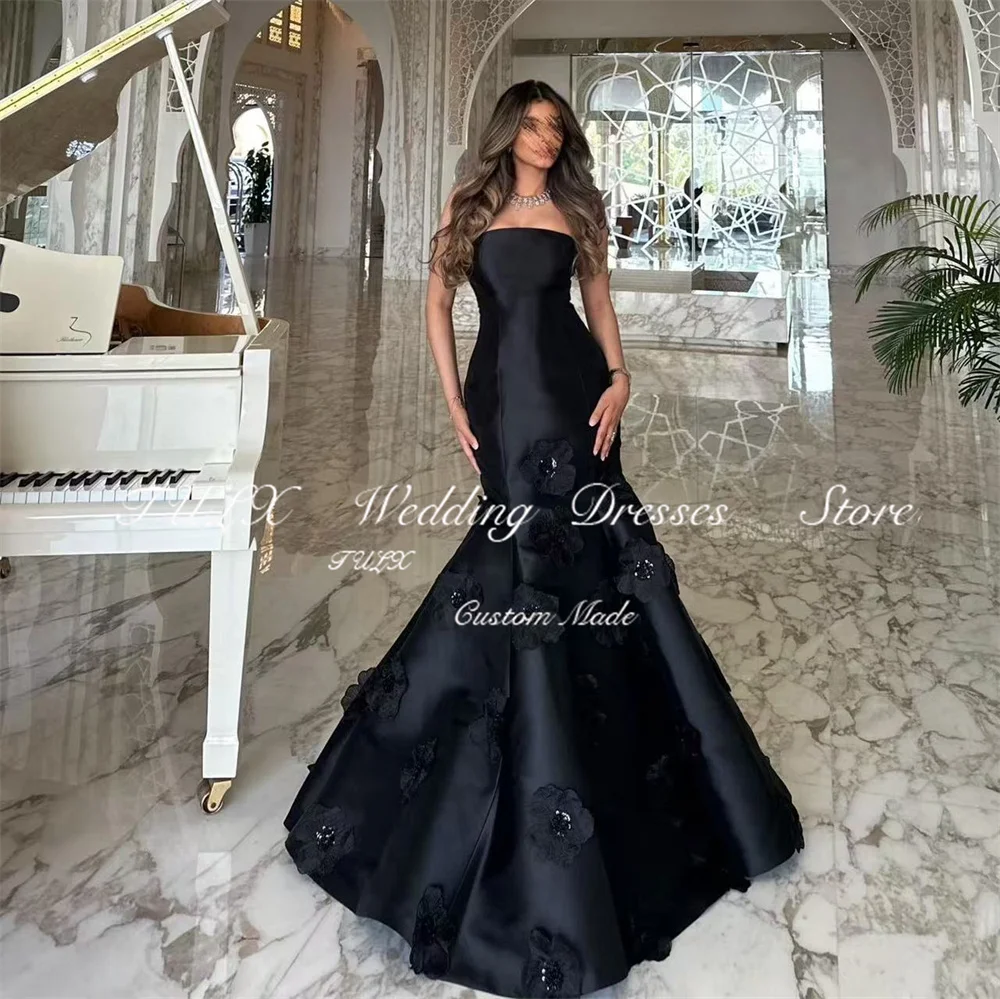 TULX Elegante abito da sera lungo a sirena nera Donna Fiori fatti a mano Abiti da ballo formali Arabia Saudita Vestido De Festa Personalizzato