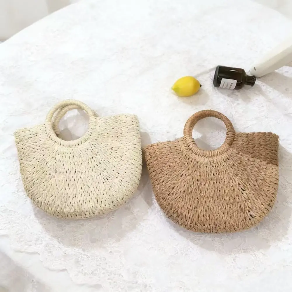 Handmade Paper Rope Woven Bag Women Half Round Beach Handbag Summer Casual Purse Retro Shoulder Tote Fashion Travel Accessory