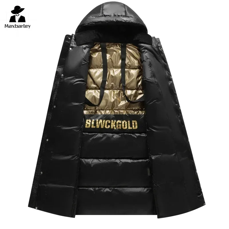 Casaco comprido de ganso com capuz masculino, jaqueta puffer impermeável, moda feminina, preto, dourado, brilhante, quente, inverno, 2022