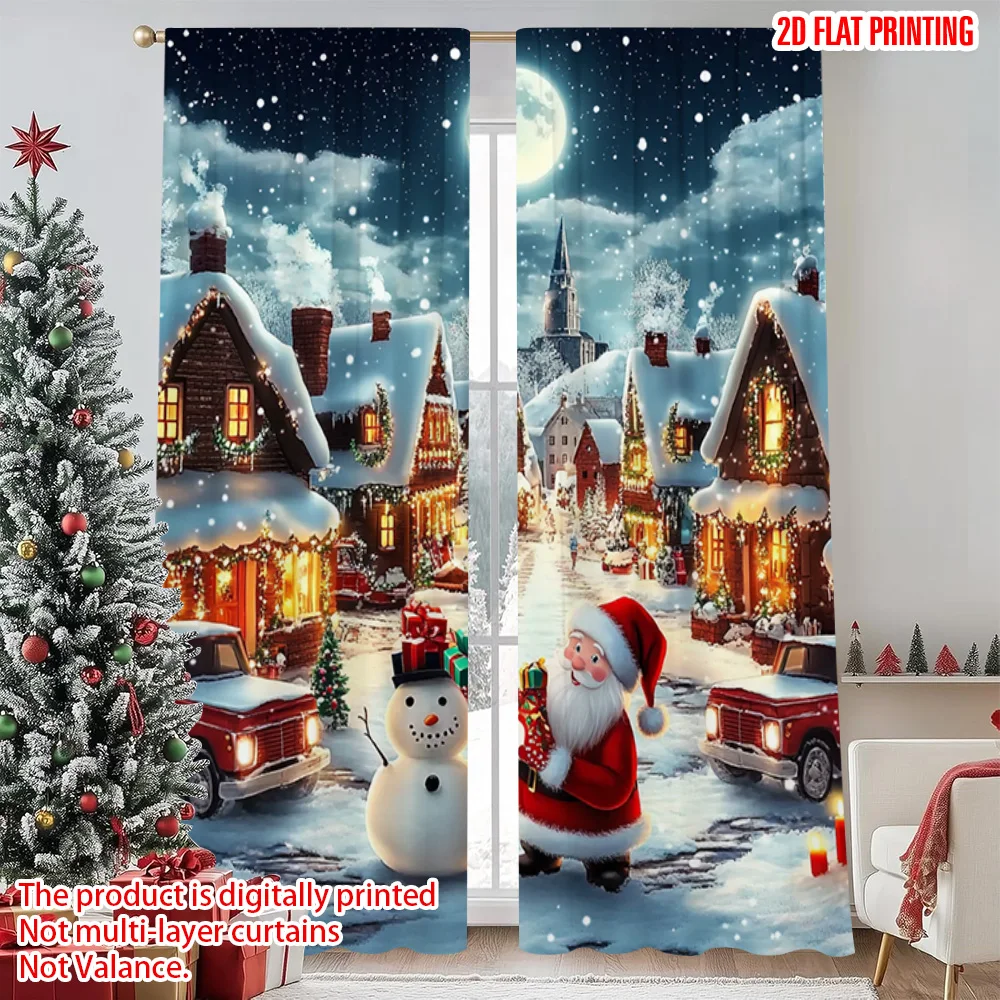 

2pcs 2D flat printing Merry Christmas Popular Window Curtains Father Christmas11 Durable Polyester Without Electricity Festive