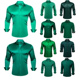 Designer Shirts for Men Silk Satin Dark Green Teal Solid Long Sleeve Button Down Collar Male Blouses Slim Fit Tops Barry Wang