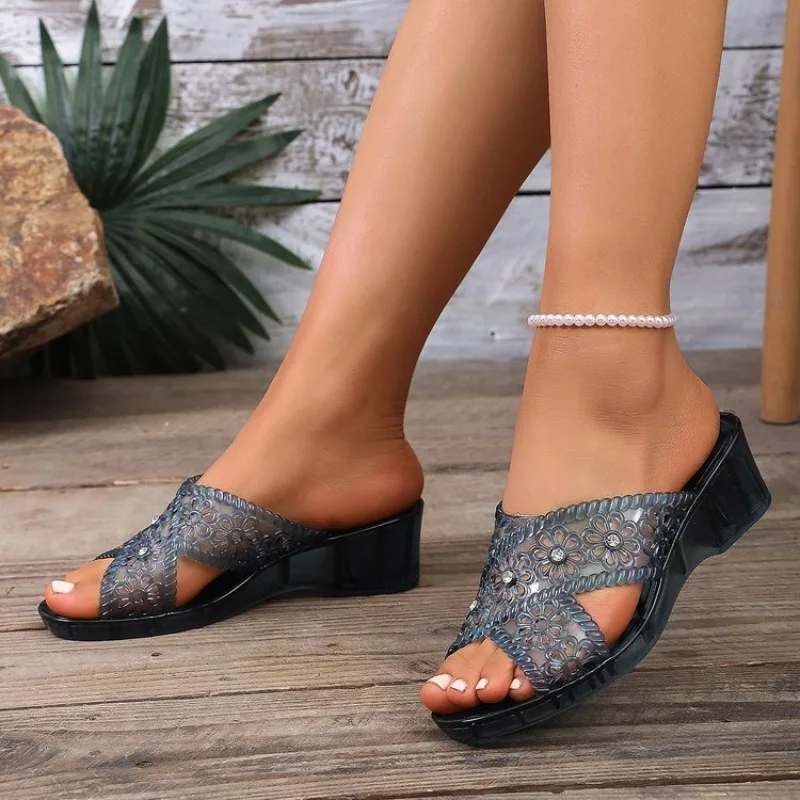 Women Wedge Slippers Summer Shoes Female Crystal Transparent Flip Flops Peep Toe Platform Soft Sole Non-slip