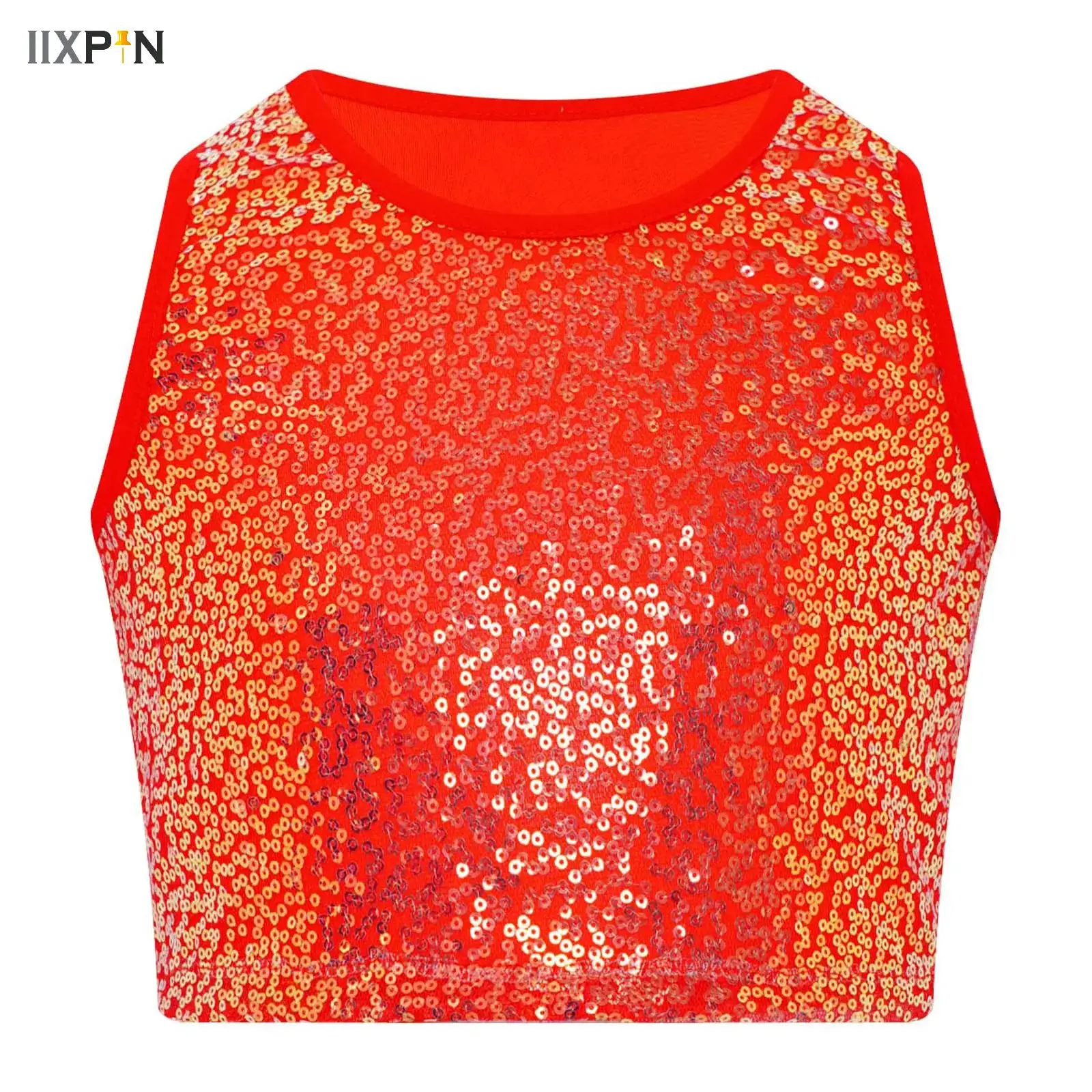 

Girls Hip Hop Jazz Street Dance Costume Shiny Sequin Crop Top Vest School Party Cheerleading Stage Performance Dancewear