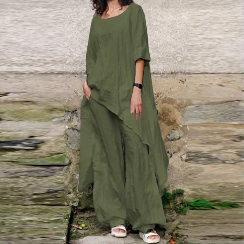 

2026 Casual Summer Two Piece Sets Round Neck Long Sleeve Irregular Tops Shirt Loose Wide Leg Pants Suits Solid Women Clothing