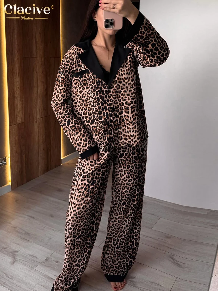 

Clacive Fashion Loose Leopard Print Women's Two Pieces Set 2026 Elegant Long Sleeve Shirt With High Waist Wide Pants Set Female