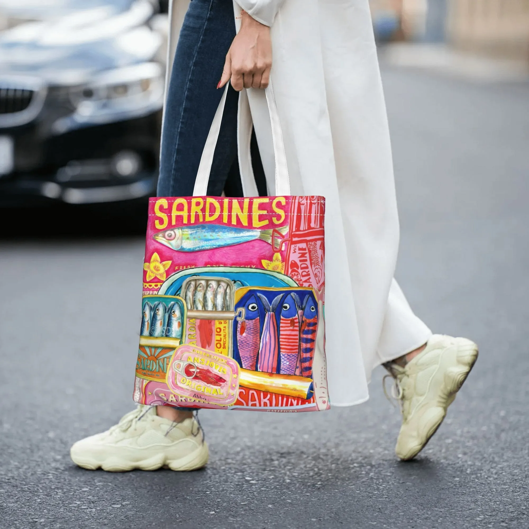 Bolsa de mano de sardinas de aceite de oliva puro para mujer, bolsa de compras reutilizable con correas para los hombros, bolsa de comestibles con estampado de peces rosas y rojos vibrantes