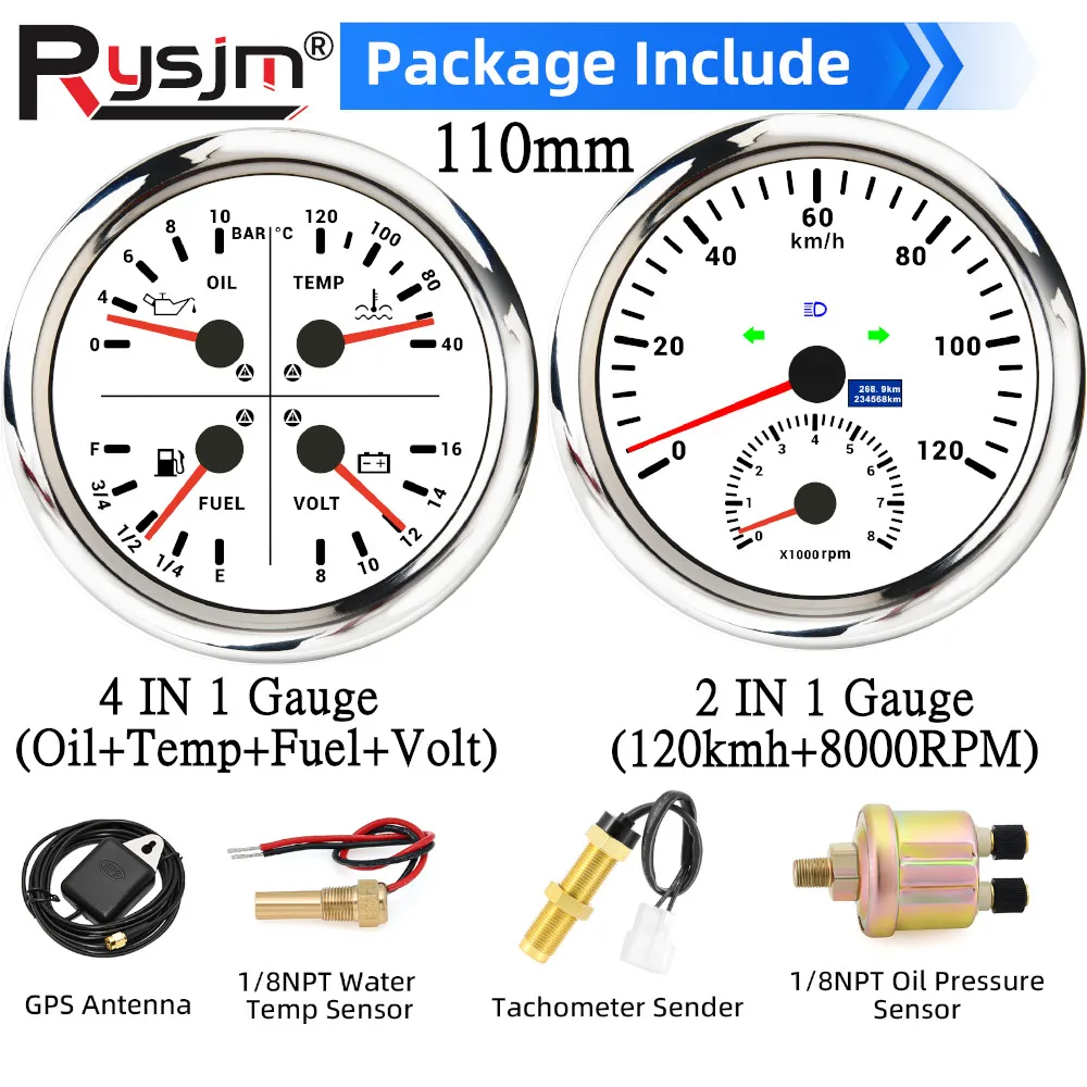 

2 Gauge Set 110mm GPS Speedometer 0-200km/h w/Tacho & 4in 1 Fuel Oil Pressure Temp Volt With 1/8NPT Temperature Oil Press Sensor