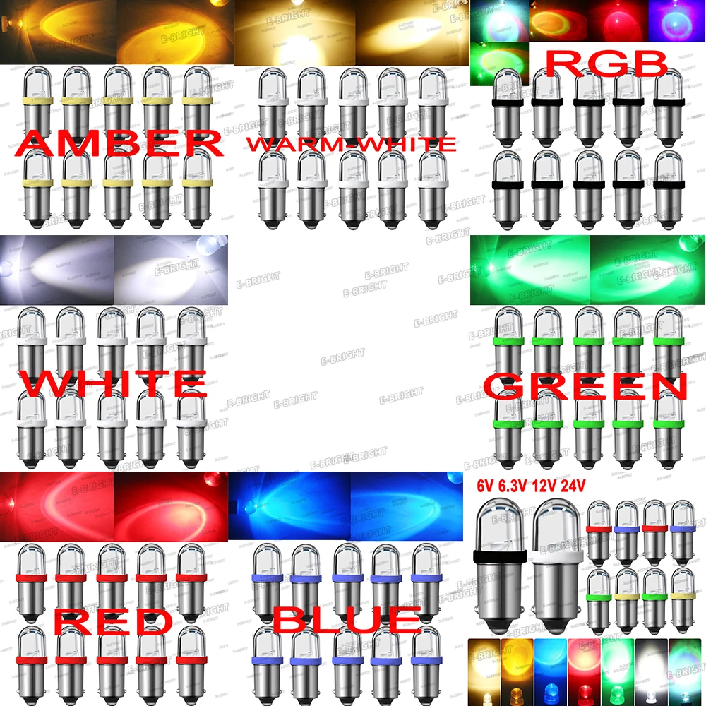 100pcs 6V 6.3V DC GE44 47 1893 1895 BA9S Transparent Lens Pinball Machine Cars Old Radio Lights White Blue Red Amber Green RGB