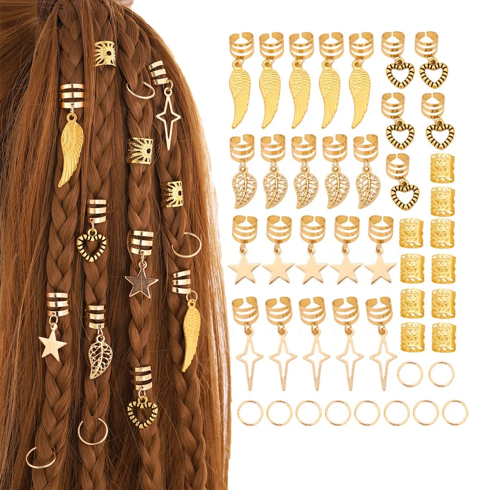 

45 Pcs Alloy Hair Accessories Set Leaf Star Feather Charms Bohemian Hair Jewelry for Woman Man Festival Braiding DIY Collection