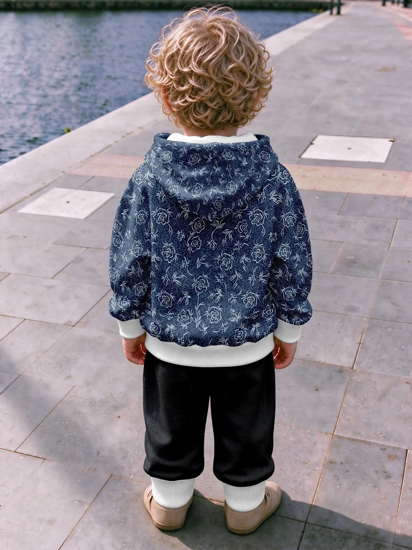 Infant Blue Abstract Lines Geometric Regular Fit Zip Hooded Sweatshirt and Pants Set Top without Pockets, Pants with Pockets Art