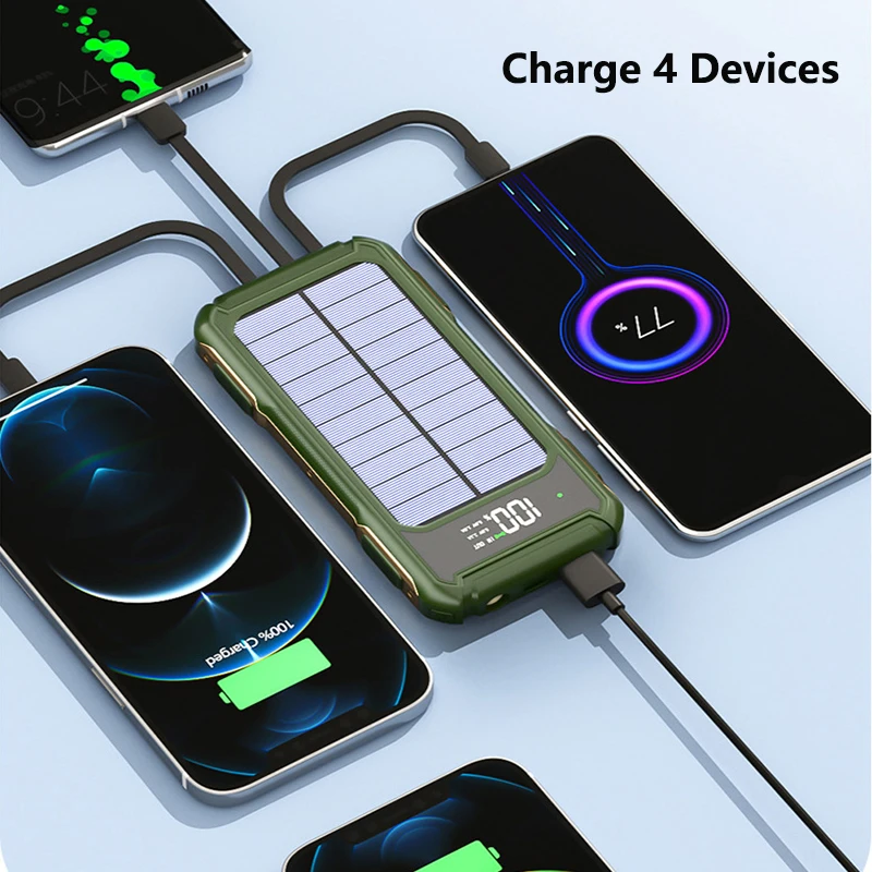 Powerbank na energię słoneczną 20000 mAh z lampką LED SOS Cyfrowy wyświetlacz Powerbank Wbudowany kabel do iPhone'a 15 Samsung Xiaomi Mi Poverbank