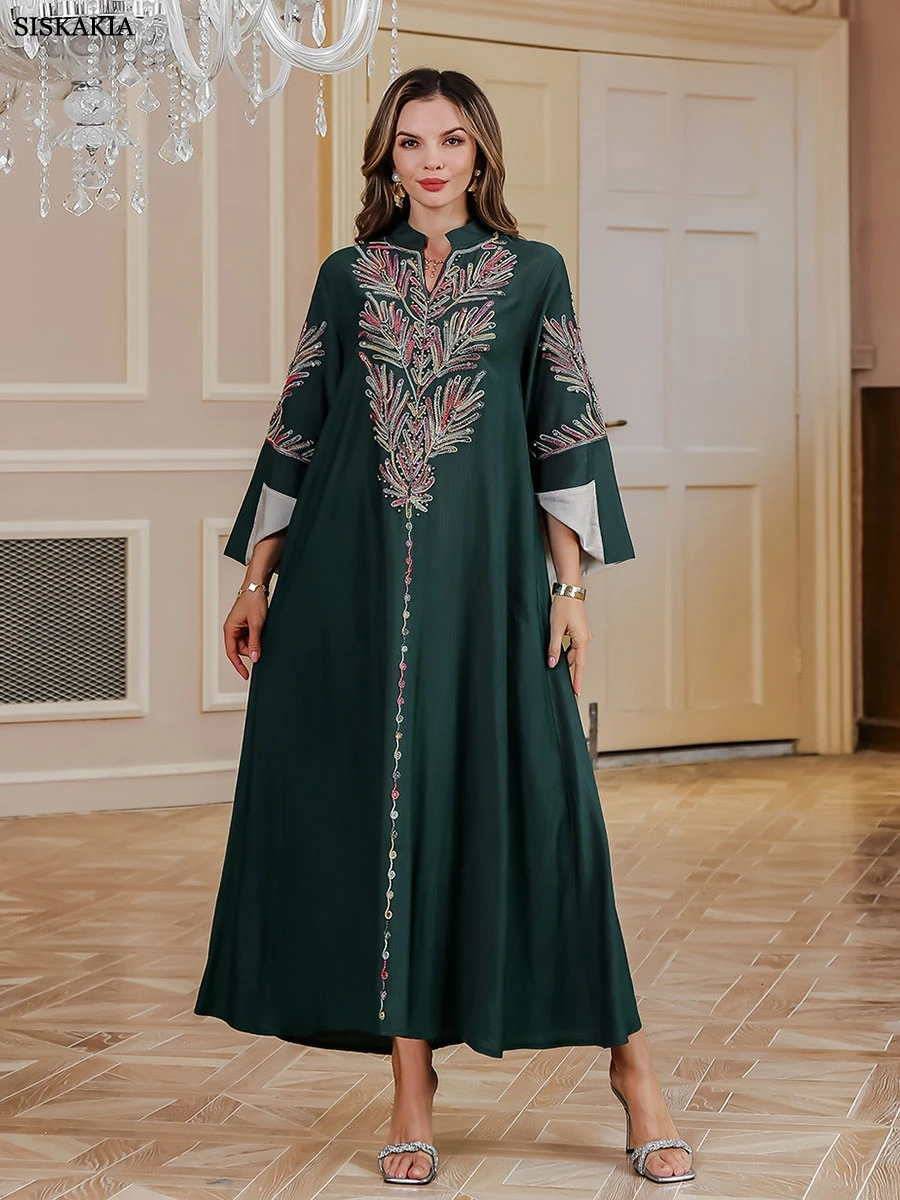 Siskakia Ramadan Dubai Embroidery Abaya Folds Embroidered Sleeve Muslim Elegant Women Evening Dress