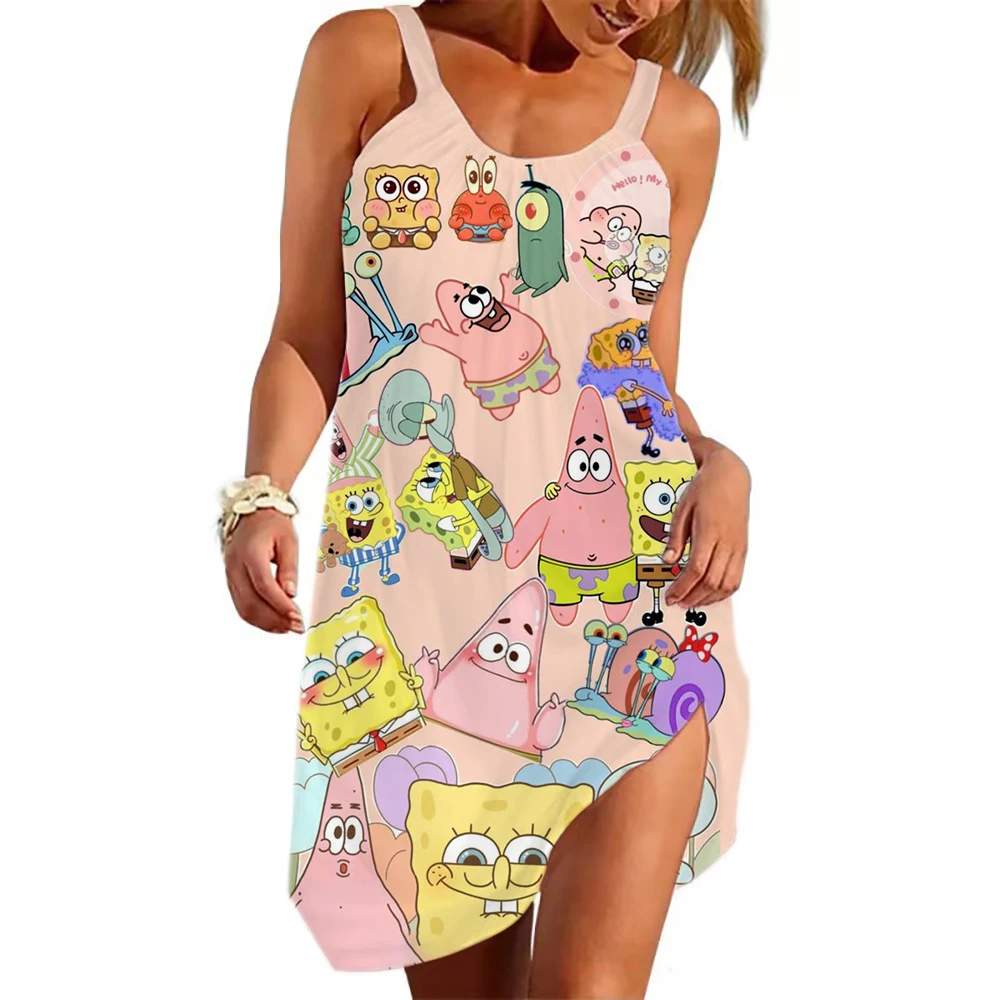 Summer casual 3D Spongebob cartoon beach suspender dress loose round neck comfortable casual dress sexy suspender dress