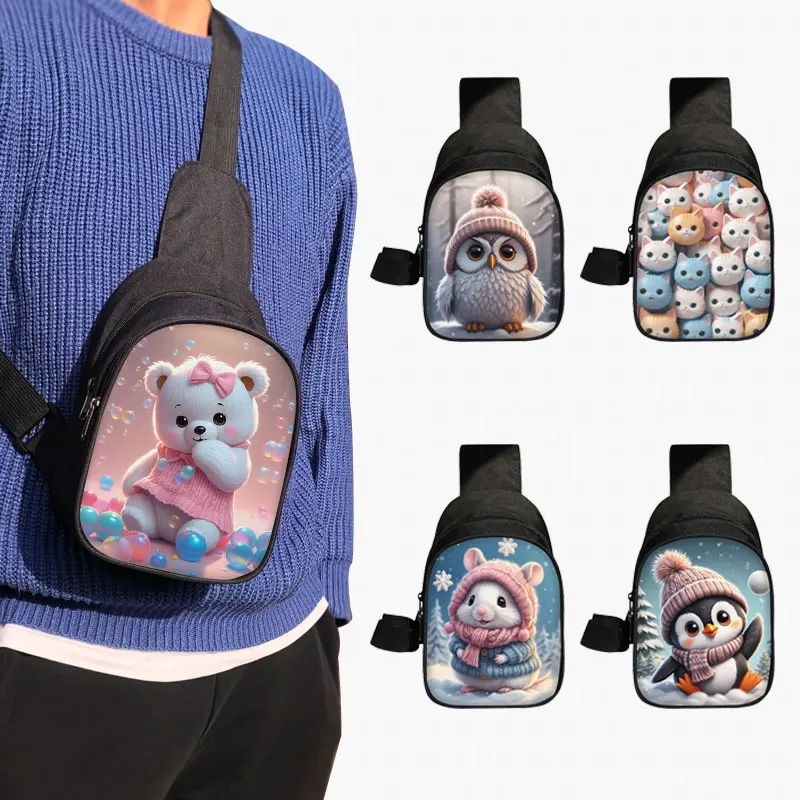 Kawaii Cartoon Bear Rabbit Mouse Penguin Pattern Chest Bag Women Crossbody Bags for Travel Shoulder Bags Key Phone Holder