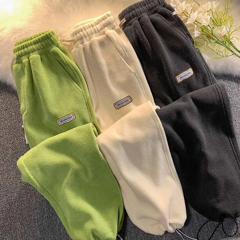 2024 Women Winter Fleece Thick Lamb Wool Trousers Outer Wear Thermal High Waist Sweatpants Warm Loose Soft Velvet Female Pants