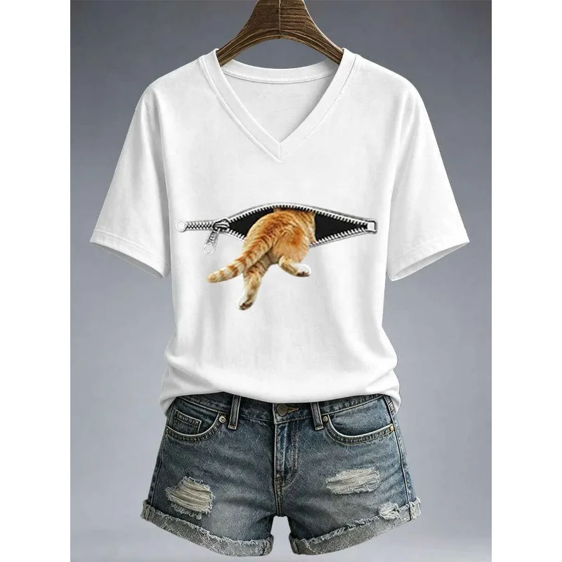 ilstile Damen-T-Shirts mit niedlichem Katzen-Print, Sommer, kurzärmelig, lässig, lockeres T-Shirt, V-Ausschnitt, Tops, schwarze T-Shirts, Neuankömmling