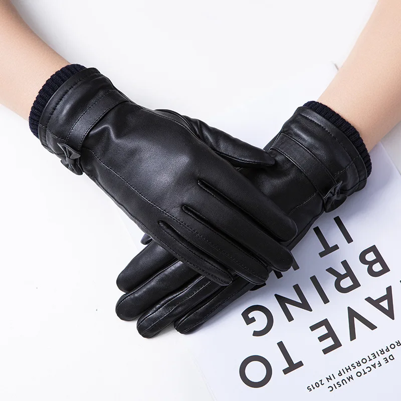 Fall/Winter Genuine Leather Gloves Women Ladies Classic Black Bow Plus Velvet Driving Mittens Touch Screen Luvas