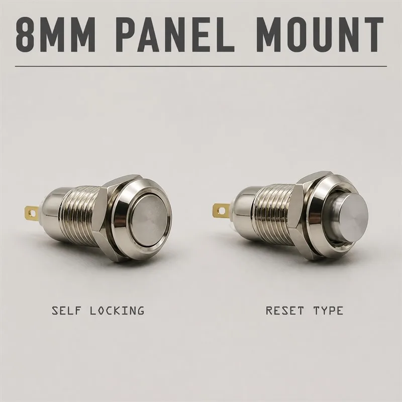 8mm Metal Panel Mount Push Button Switch Self Locking Latching Momentary Reset Type 2 Pin Solder Terminal Chrome Control Panel