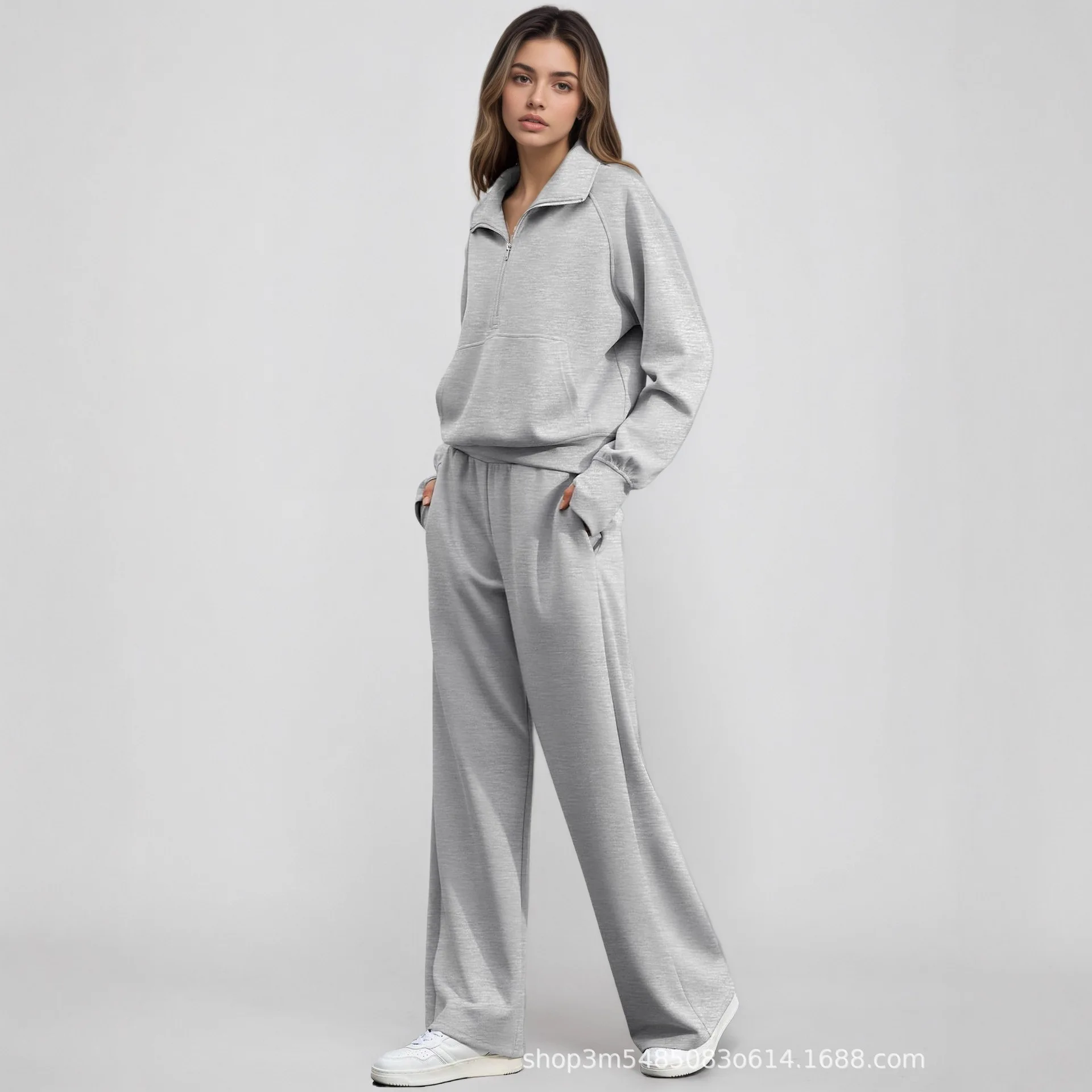 Women's Sports Set Lapel Zipper Patch Full Sleeve Sweatshirt Elastic Waist Pants Fashion Women's 2-Piece Set 2026 Women's Set